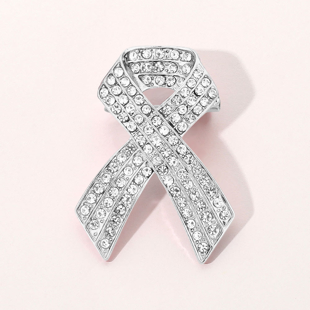Madeline Love Silver Rhinestone Embellished Pink Ribbon Pin Brooch