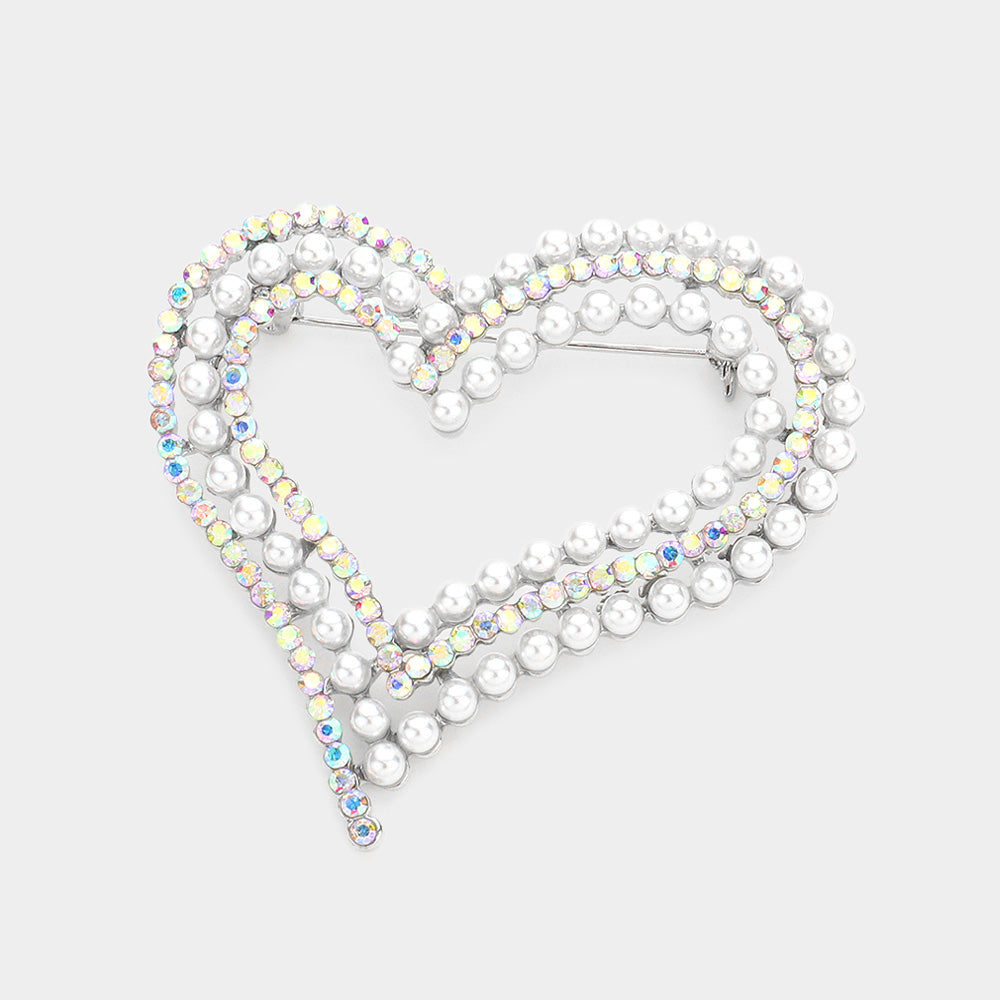 Madeline Love AB Pearl Rhinestone Embellished Open Heart Pin Brooch - Brooches