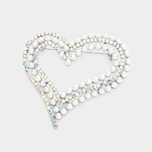 Madeline Love AB Pearl Rhinestone Embellished Open Heart Pin Brooch - Brooches