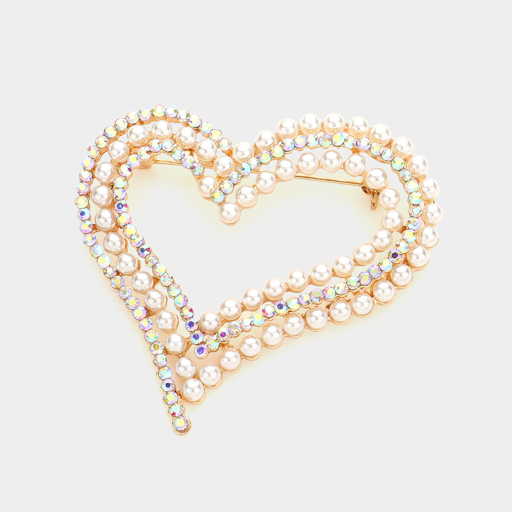 Madeline Love AB, Gold Pearl Rhinestone Embellished Open Heart Pin Brooch - Brooches