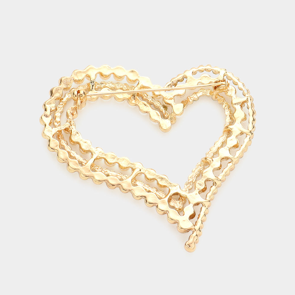 Madeline Love AB, Gold Pearl Rhinestone Embellished Open Heart Pin Brooch - Brooches - desc