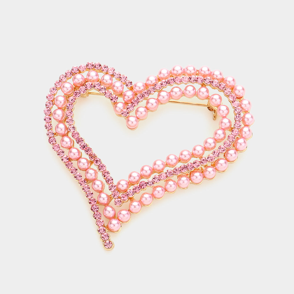Madeline Love Gold, Pink Pearl Rhinestone Embellished Open Heart Pin Brooch