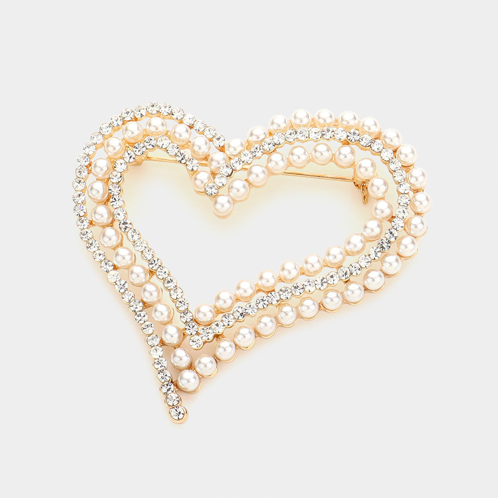 Madeline Love Gold Pearl Rhinestone Embellished Open Heart Pin Brooch - Brooches