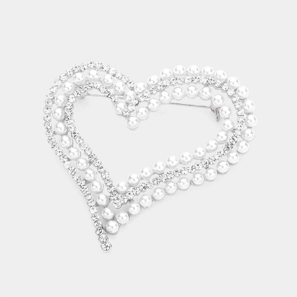 Madeline Love Silver Pearl Rhinestone Embellished Open Heart Pin Brooch - Brooches