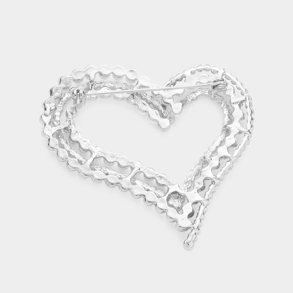 Madeline Love Silver Pearl Rhinestone Embellished Open Heart Pin Brooch - Brooches - desc