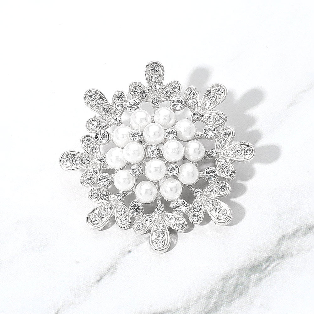 Madeline Love Silver Pearl Embellished Stone Paved Flower Pin Brooch