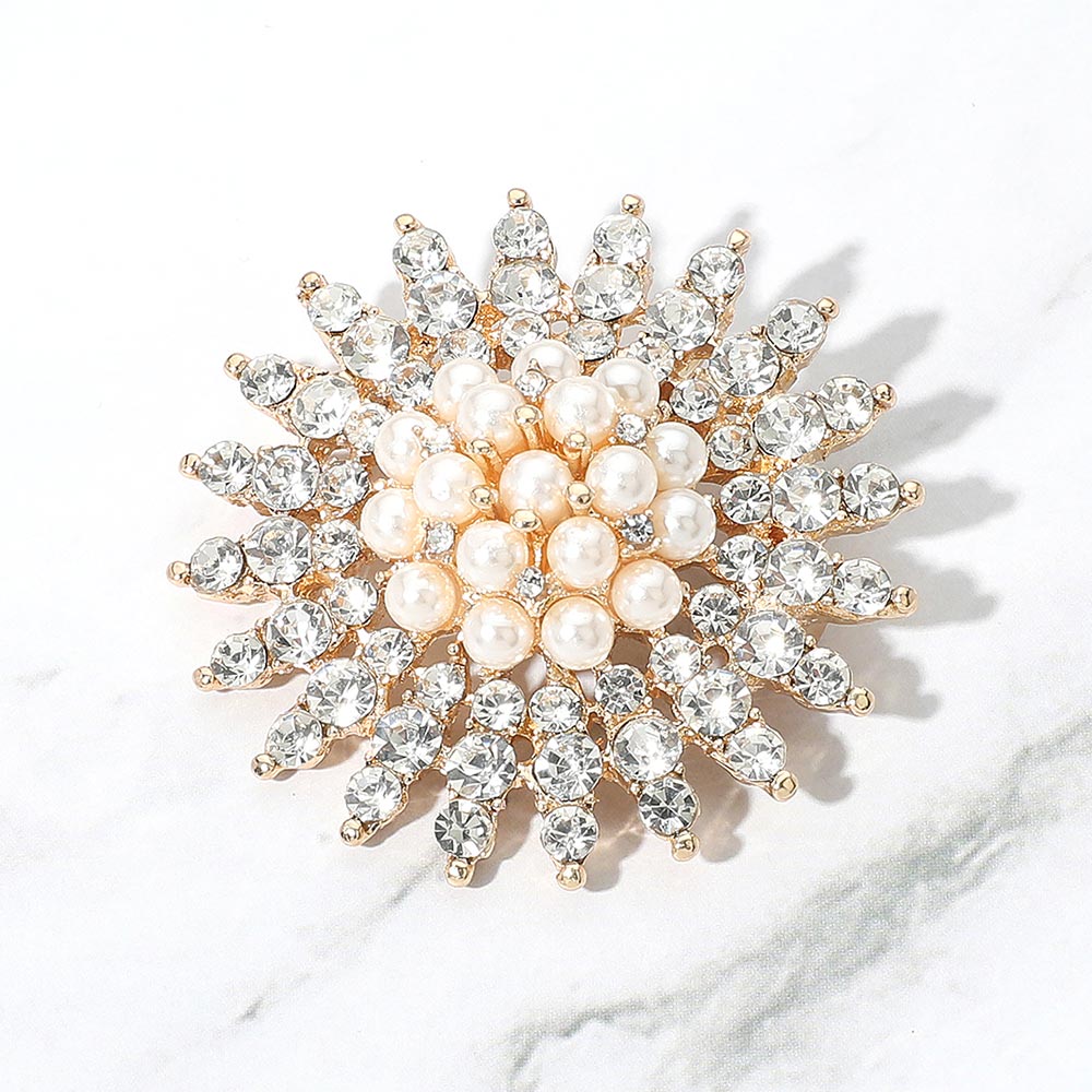 Madeline Love Gold Pearl Embellished Stone Paved Flower Pin Brooch