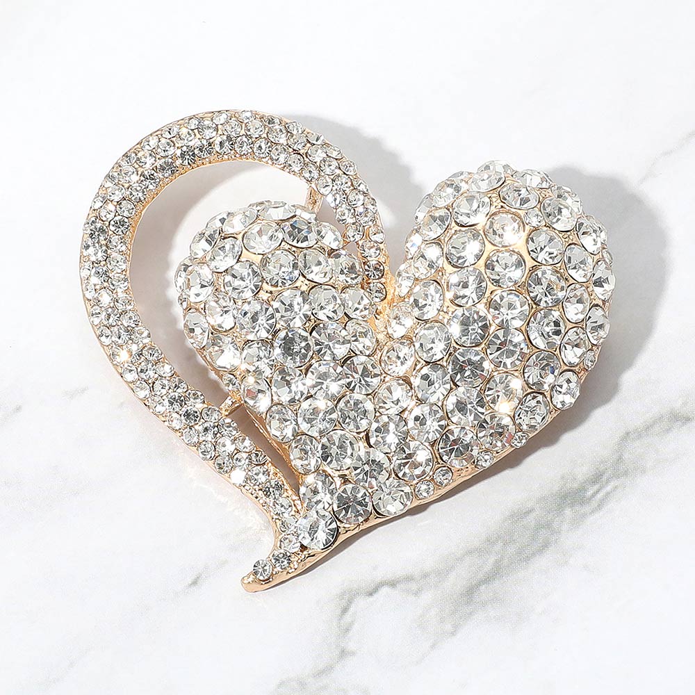 Madeline Love Gold Stone Paved Heart Pin Brooch - Brooches