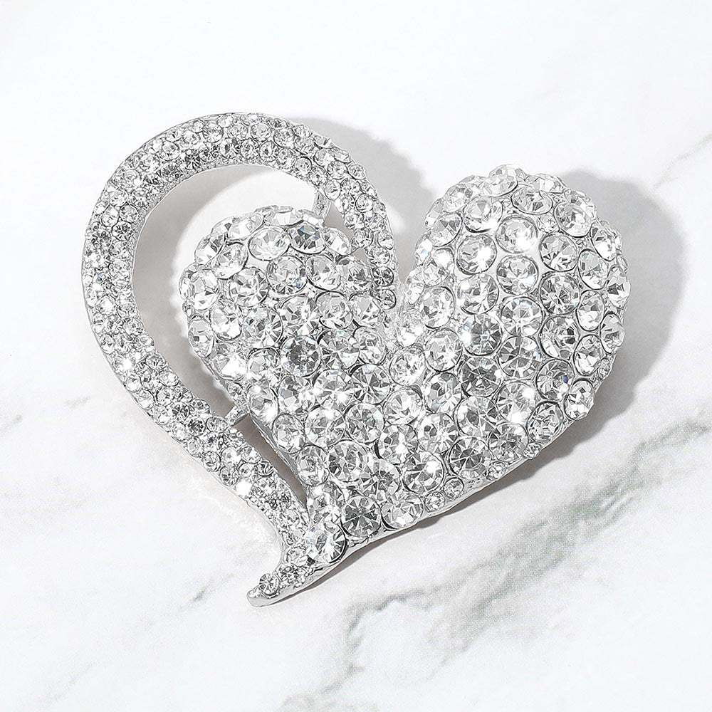 Madeline Love Silver Stone Paved Heart Pin Brooch - Brooches