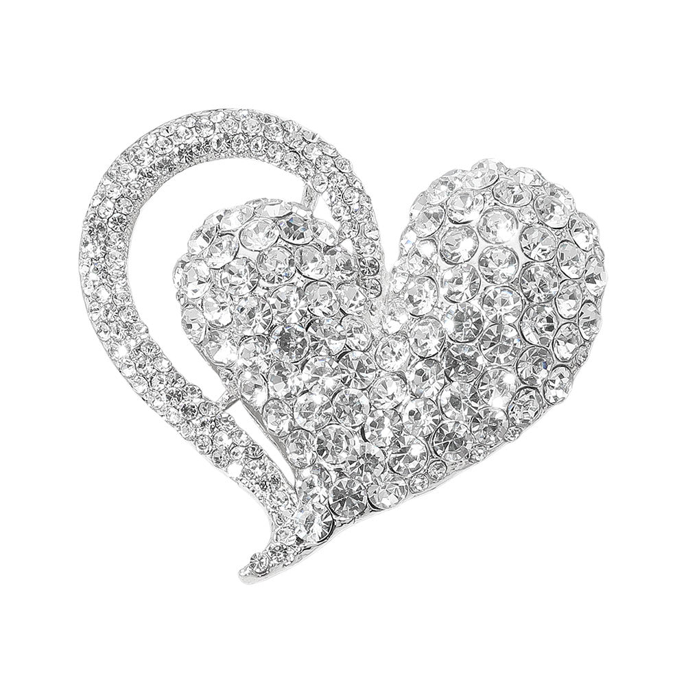 Madeline Love Silver Stone Paved Heart Pin Brooch - Brooches - desc