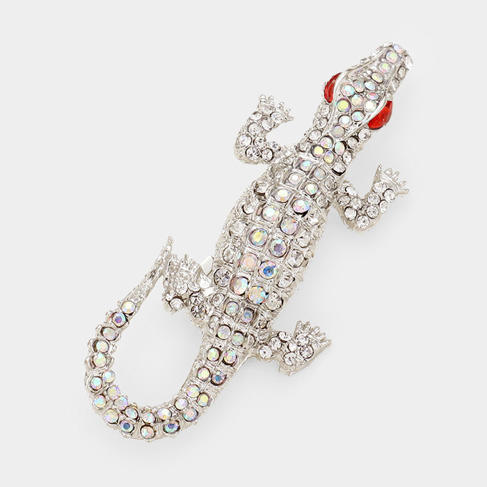 Madeline Love AB, Silver Crystal Rhinestone Pave Crocodile/Alligator Pin Brooch - Brooches