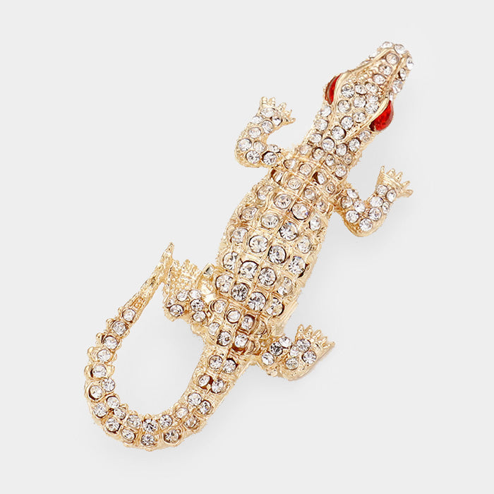 Madeline Love Clear, Gold Crystal Rhinestone Pave Crocodile/Alligator Pin Brooch - Brooches