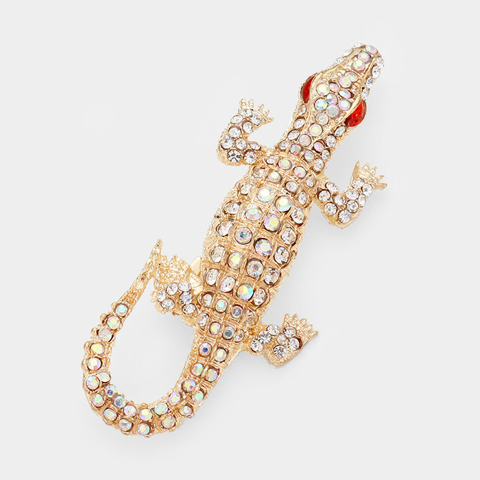 Madeline Love AB, Gold Crystal Rhinestone Pave Crocodile/Alligator Pin Brooch - Brooches