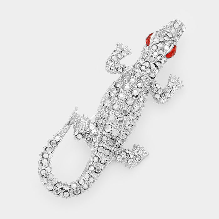 Madeline Love Clear, Silver Crystal Rhinestone Pave Crocodile/Alligator Pin Brooch - Brooches