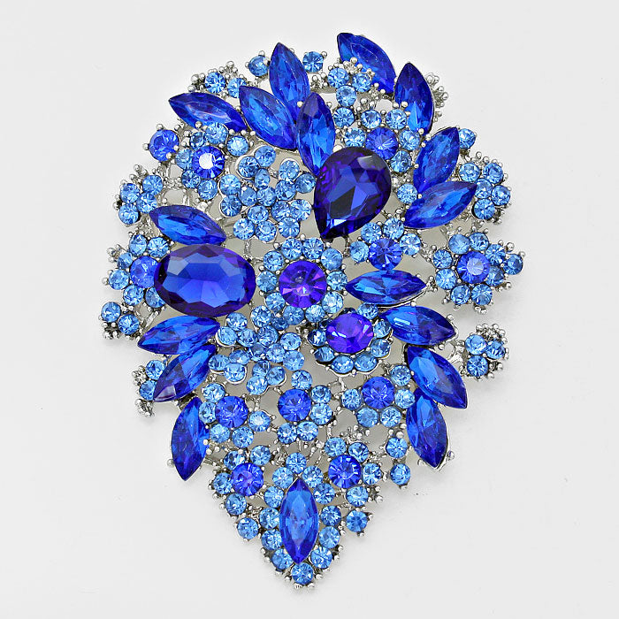 Madeline Love Blue, Rhodium Floral Crystal Rhinestone Pin Brooch - Brooches