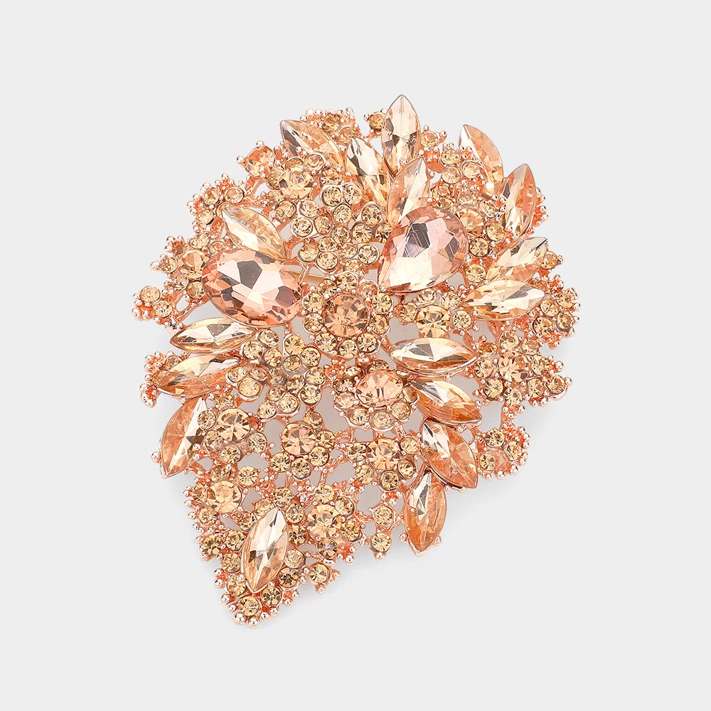Madeline Love Peach, Rose Gold Floral Crystal Rhinestone Pin Brooch - Brooches