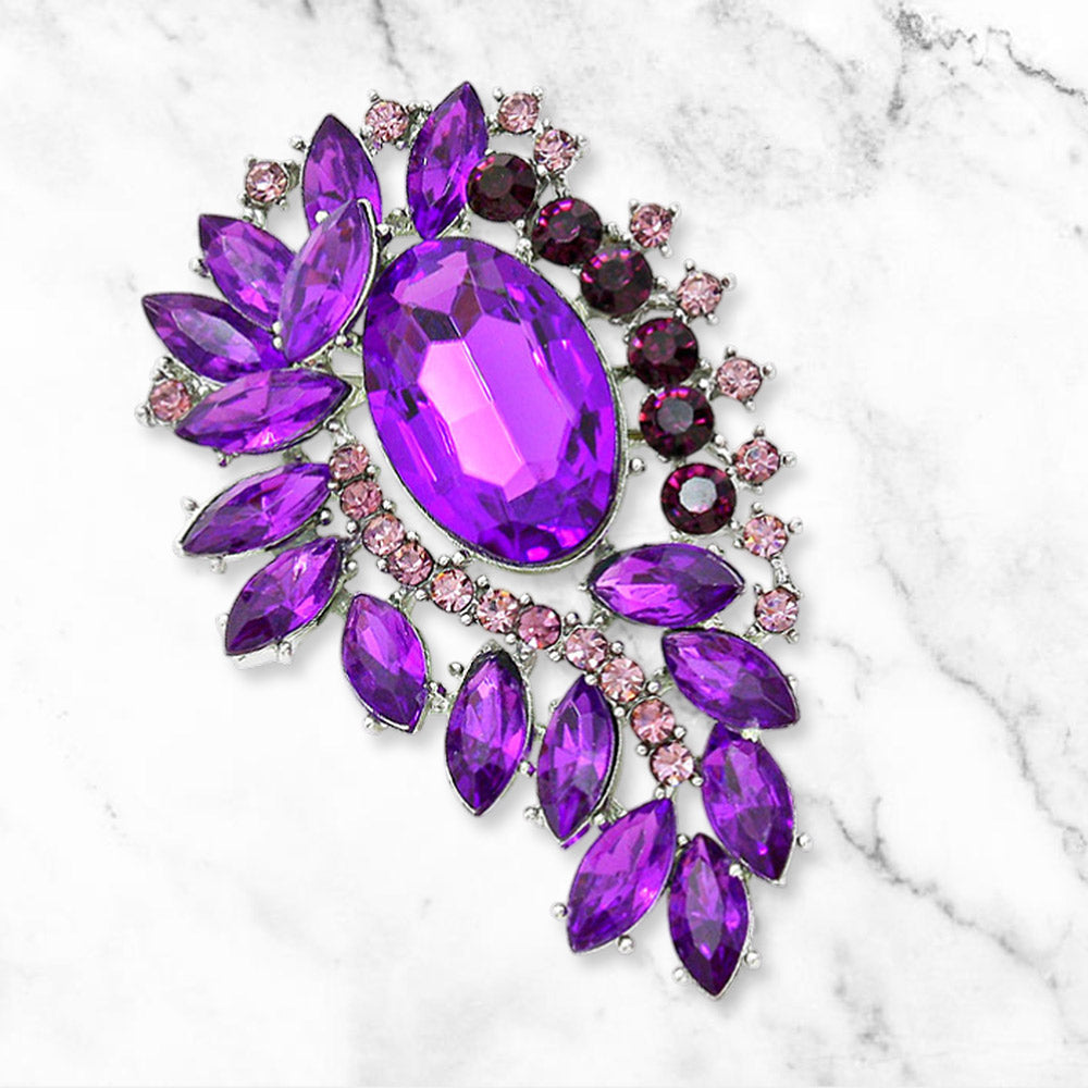 Madeline Love Silver, Purple Marquise Crystal Rhinestone Petal Cluster Brooch - Brooches