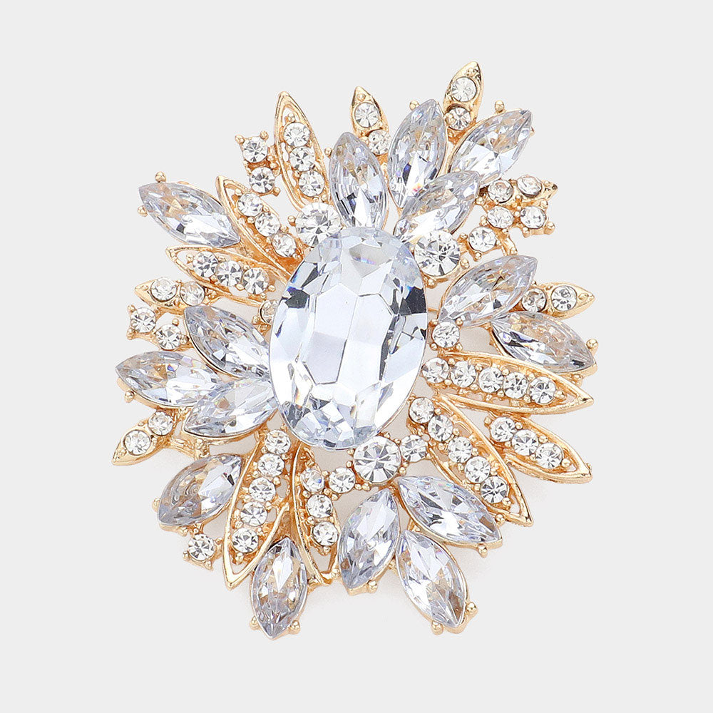 Madeline Love Clear, Gold Crystal Flower Leaf Cluster Pin Brooch - Brooches