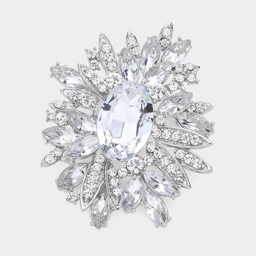 Madeline Love Clear, Rhodium Crystal Flower Leaf Cluster Pin Brooch - Brooches