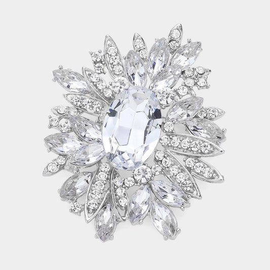 Madeline Love Clear, Rhodium Crystal Flower Leaf Cluster Pin Brooch - Brooches