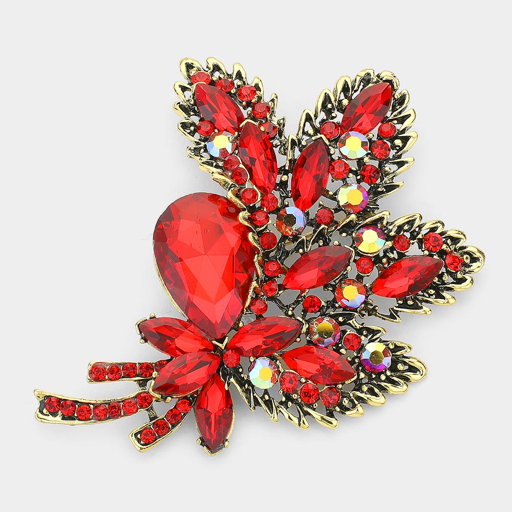 Madeline Love Red Glass Crystal Leaf Bouquet Brooch Pendant - Brooches
