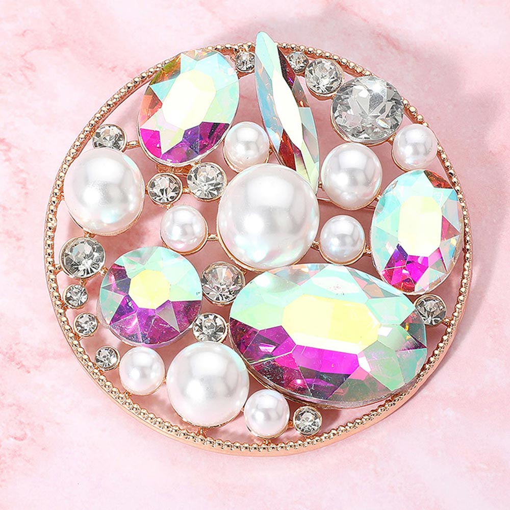 Madeline Love AB, Gold Pearl Stone Cluster Embellished Chunky Round Pin Brooch - Brooches