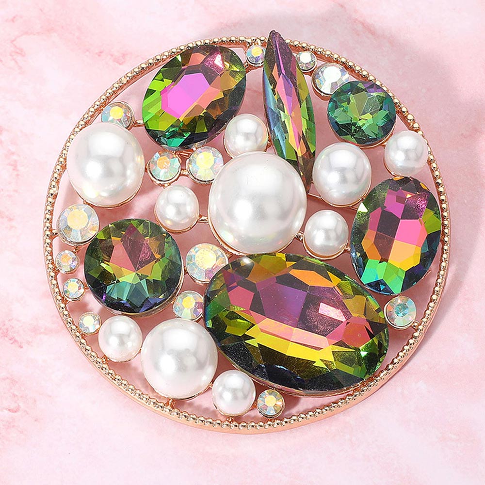 Madeline Love Gold Pearl Stone Cluster Embellished Chunky Round Pin Brooch - Brooches