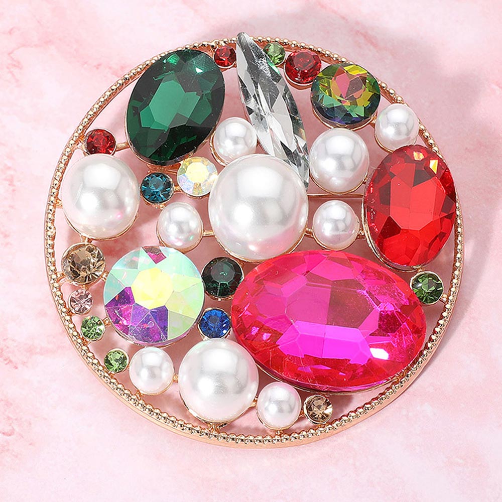 Madeline Love Gold, Multi Pearl Stone Cluster Embellished Chunky Round Pin Brooch - Brooches