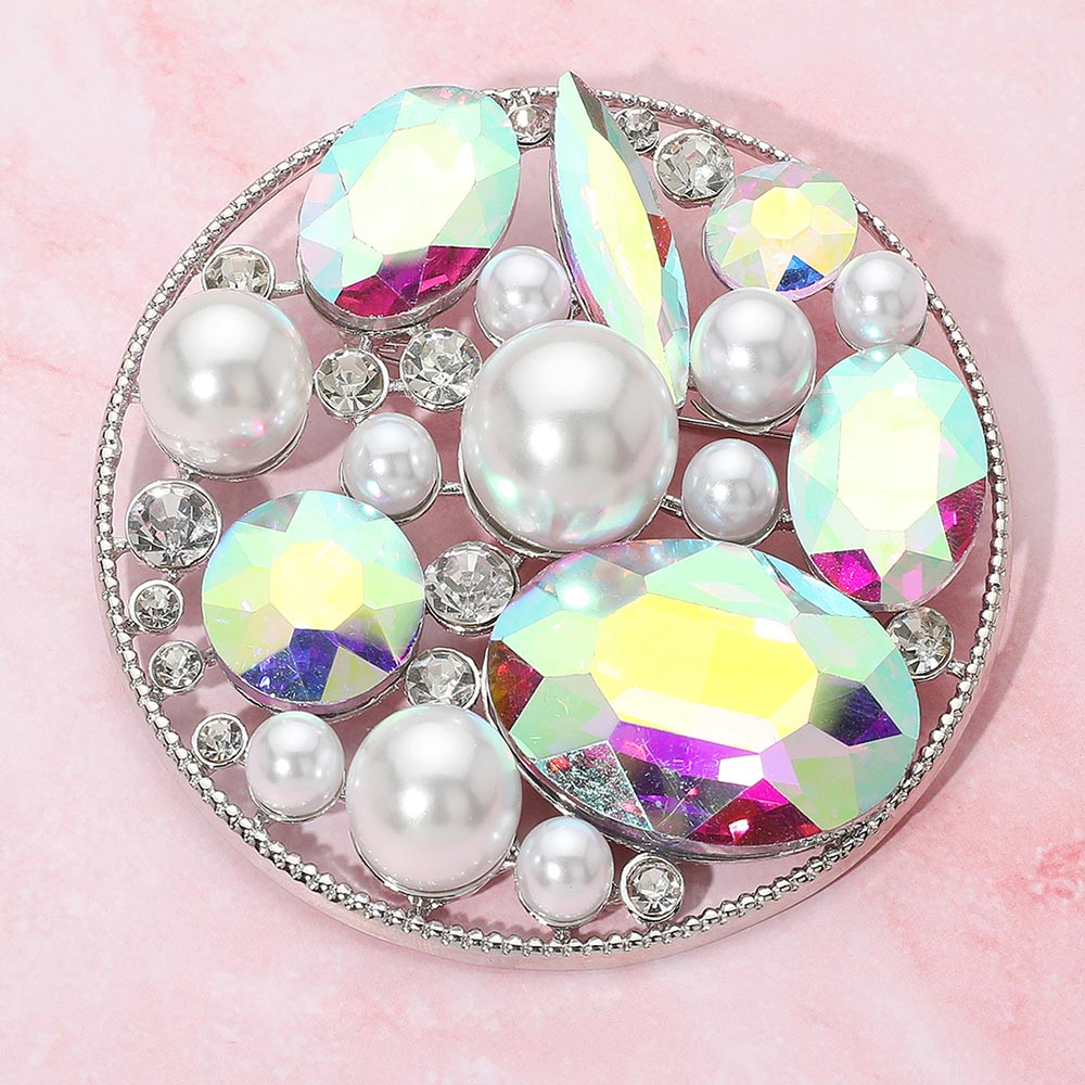 Madeline Love AB, Rhodium Pearl Stone Cluster Embellished Chunky Round Pin Brooch - Brooches