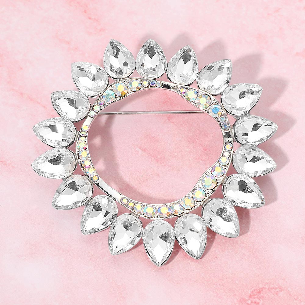 Madeline Love AB, Rhodium Teardrop Stone Cluster Halo Pin Brooch