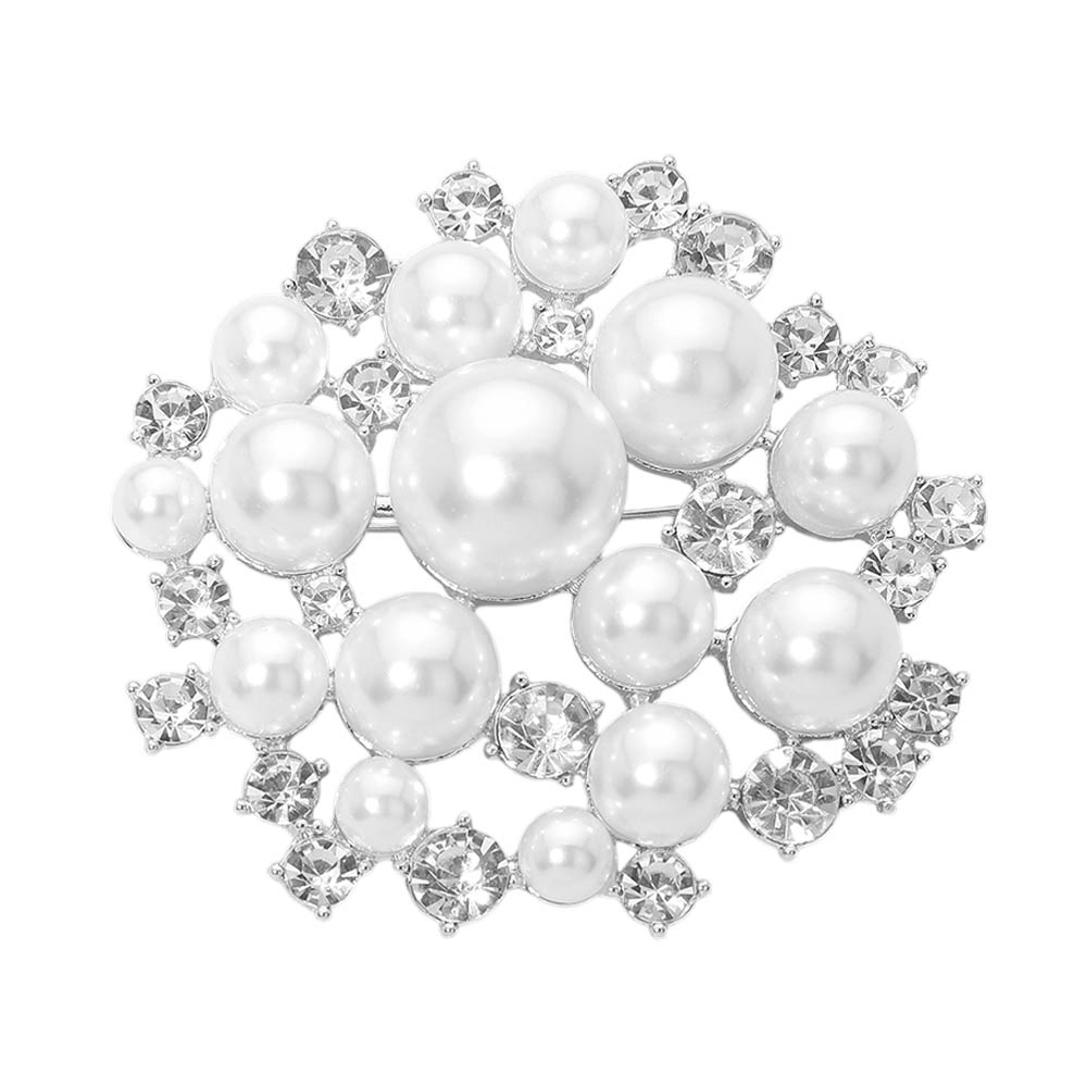 Madeline Love Rhodium, White Pearl Cluster Pin Brooch - Brooches - desc
