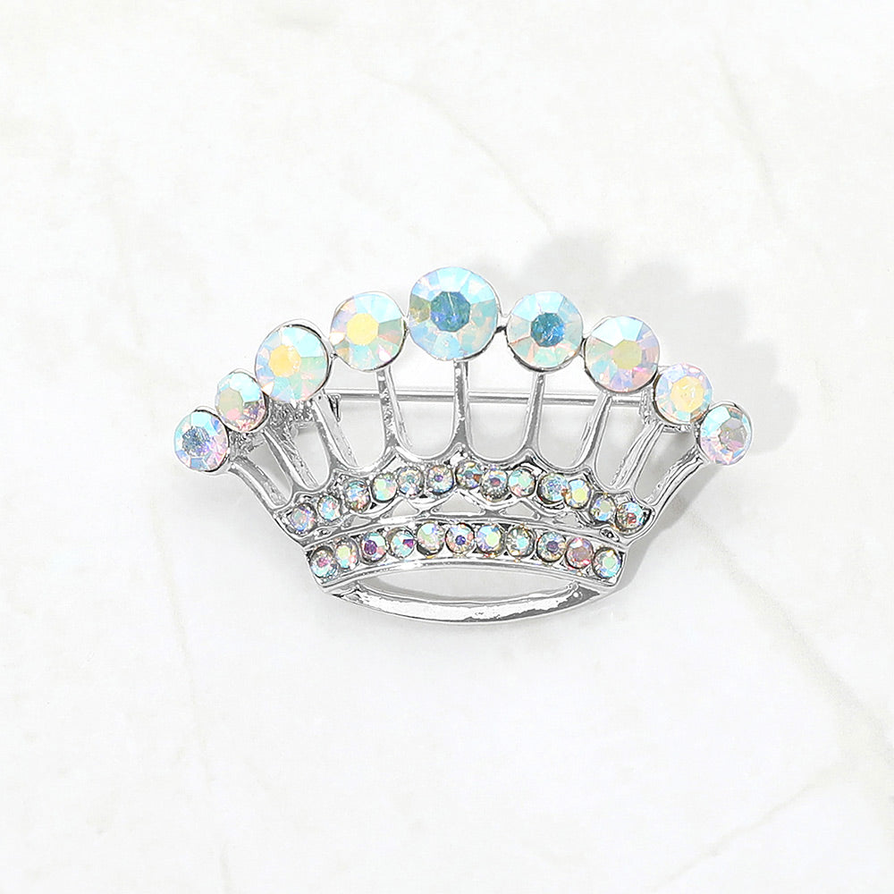 Madeline Love AB, Rhodium Elegant Rhinestone Crown Pin Brooch
