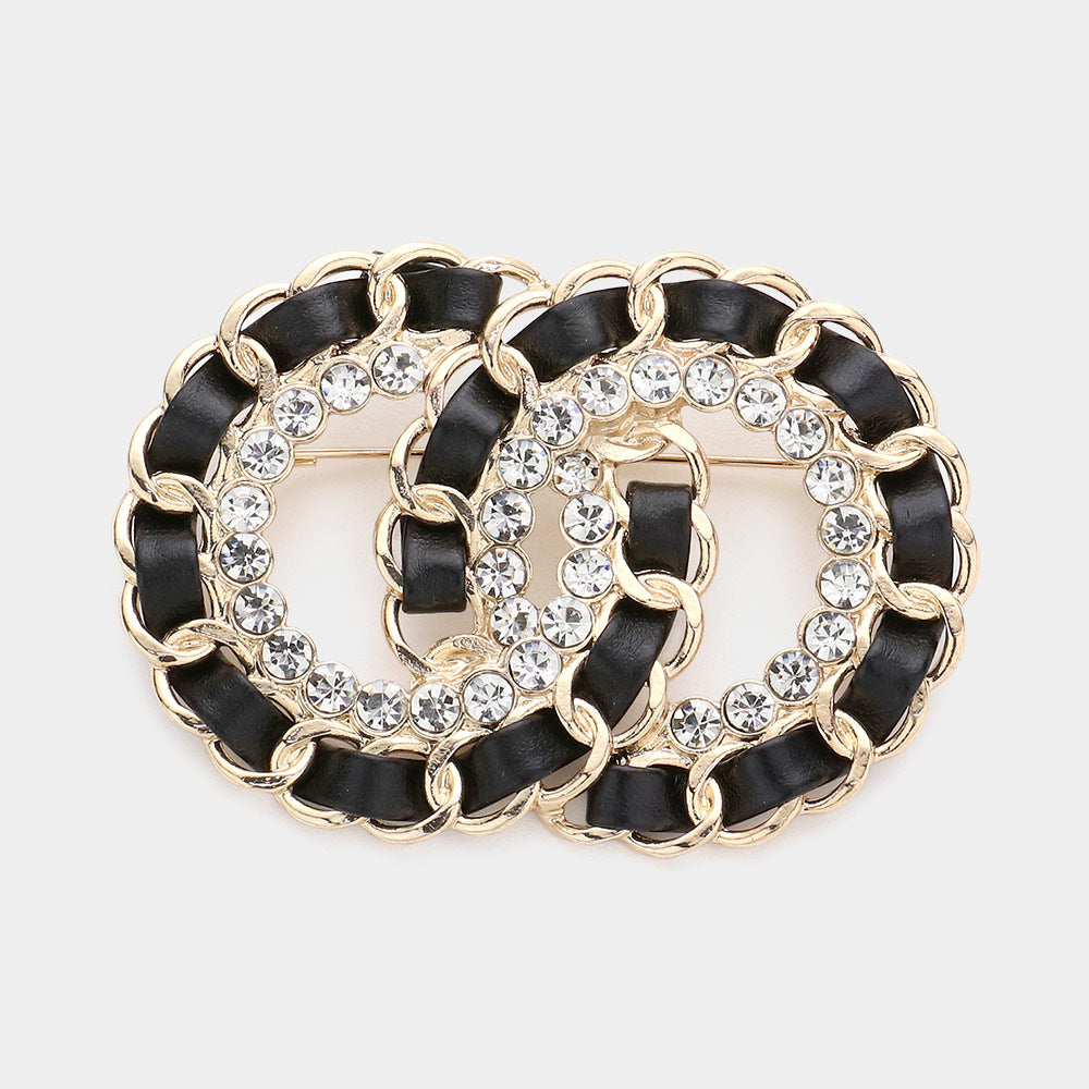 Madeline Love Black, Gold Stone Embellished Double Open Circle Link Pin Brooch - Brooches