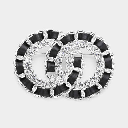 Madeline Love Black, Rhodium Stone Embellished Double Open Circle Link Pin Brooch - Brooches