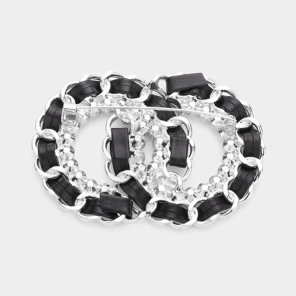 Madeline Love Black, Rhodium Stone Embellished Double Open Circle Link Pin Brooch - Brooches - desc