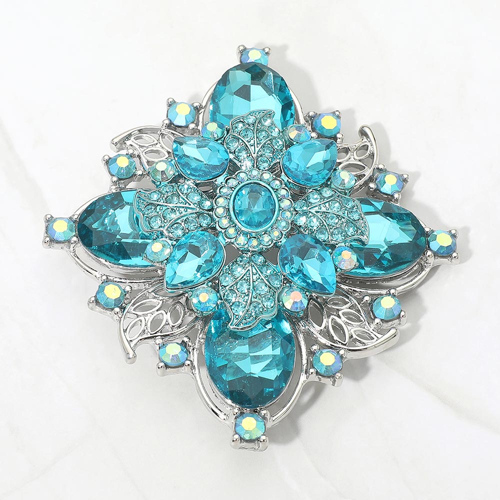 Madeline Love Aqua Bold Vintage Floral Rhinestone Pin Brooch - Brooches