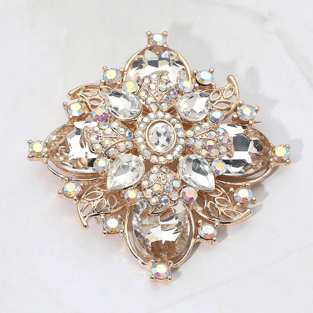 Madeline Love AB, Clear, Gold Bold Vintage Floral Rhinestone Pin Brooch - Brooches