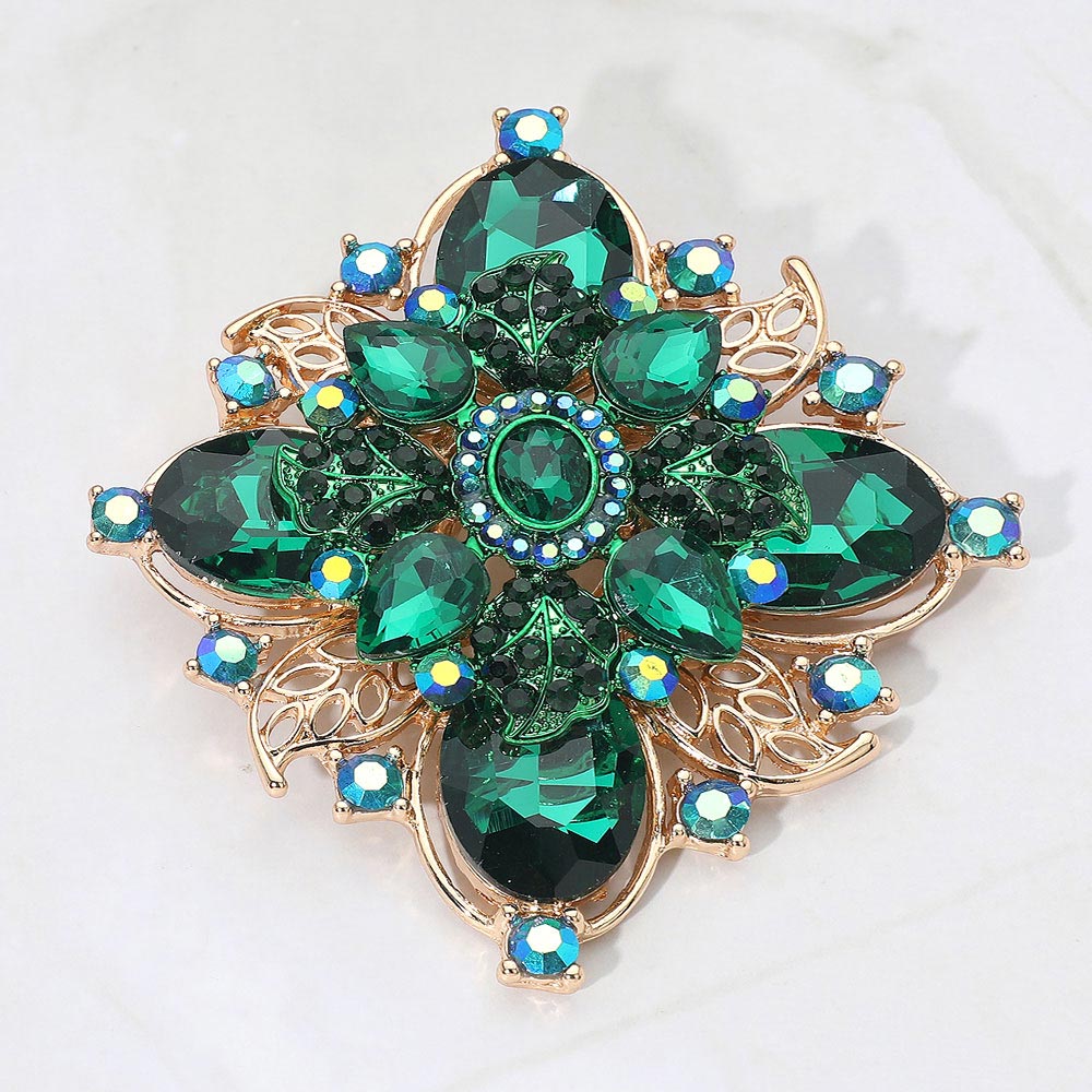 Madeline Love Gold, Green Bold Vintage Floral Rhinestone Pin Brooch - Brooches