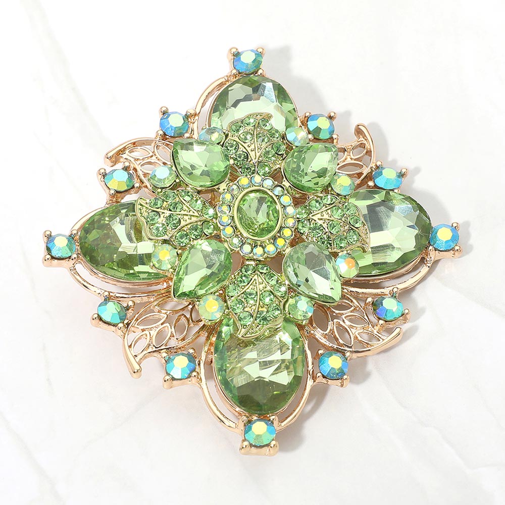 Madeline Love Gold, Lime Bold Vintage Floral Rhinestone Pin Brooch - Brooches