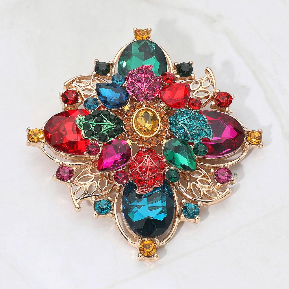 Madeline Love Gold, Multi Bold Vintage Floral Rhinestone Pin Brooch - Brooches