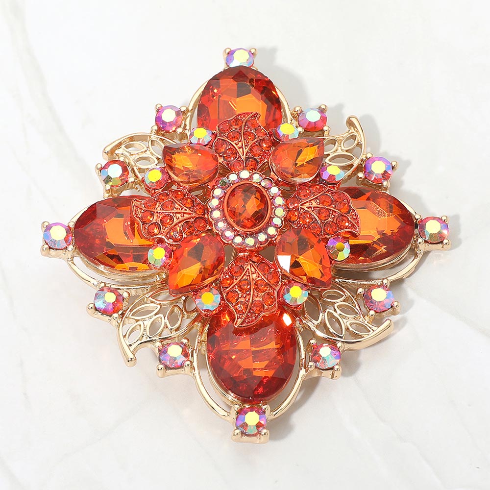 Madeline Love Gold, Orange Bold Vintage Floral Rhinestone Pin Brooch - Brooches