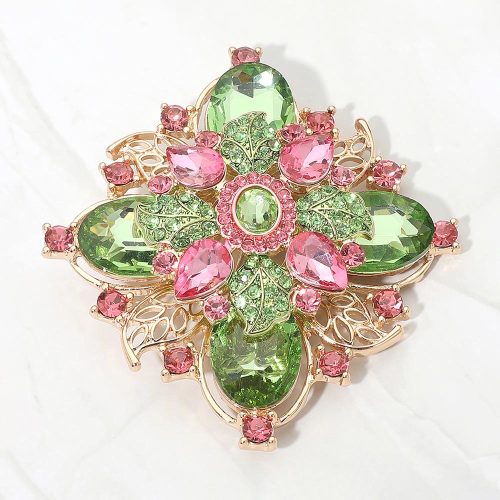 Madeline Love Gold, Pink&Green Bold Vintage Floral Rhinestone Pin Brooch - Brooches