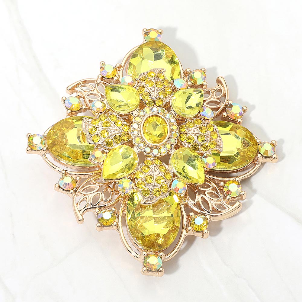 Madeline Love Gold, Yellow Bold Vintage Floral Rhinestone Pin Brooch - Brooches