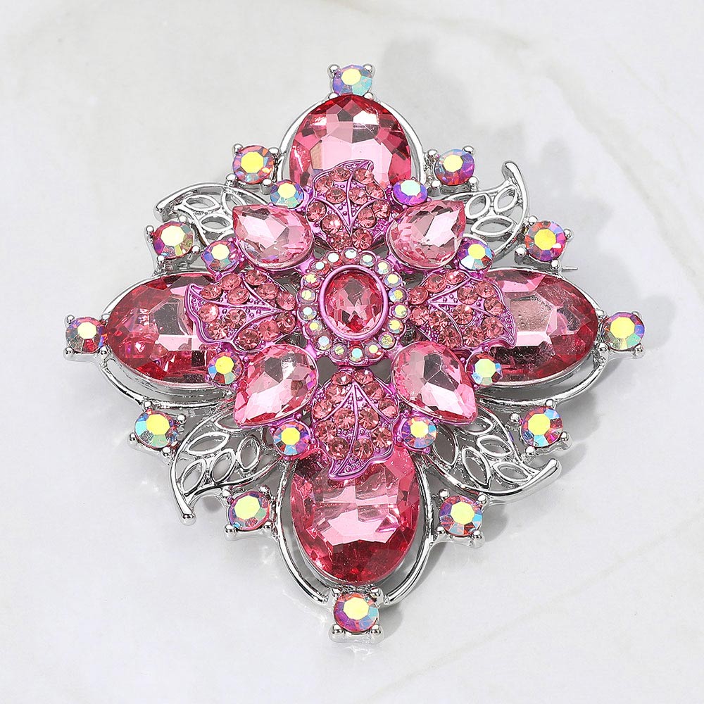 Madeline Love Pink, Rhodium Bold Vintage Floral Rhinestone Pin Brooch - Brooches