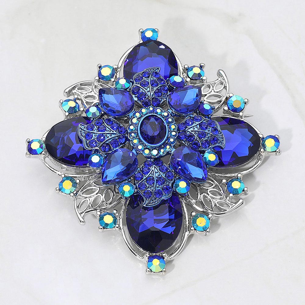 Madeline Love Rhodium, Royal Blue Bold Vintage Floral Rhinestone Pin Brooch - Brooches