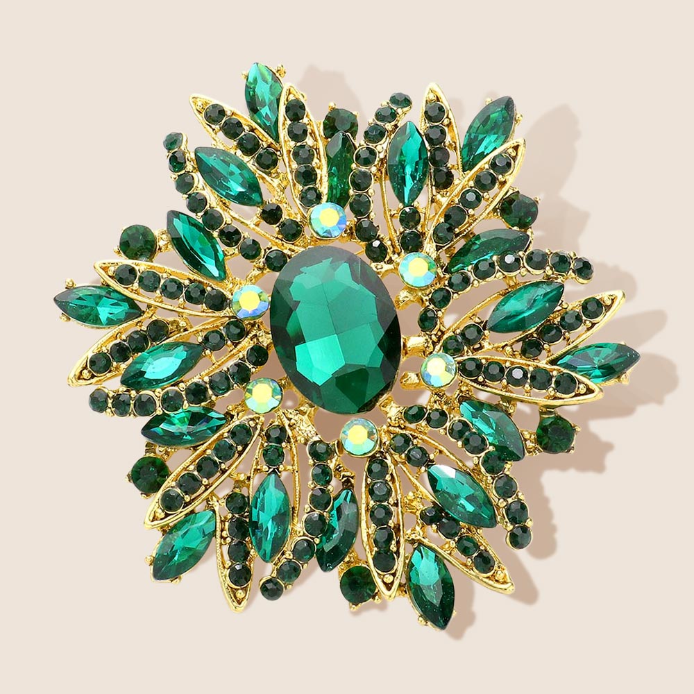 Madeline Love Emerald Glass Crystal Flower Brooch Pendant - Brooches