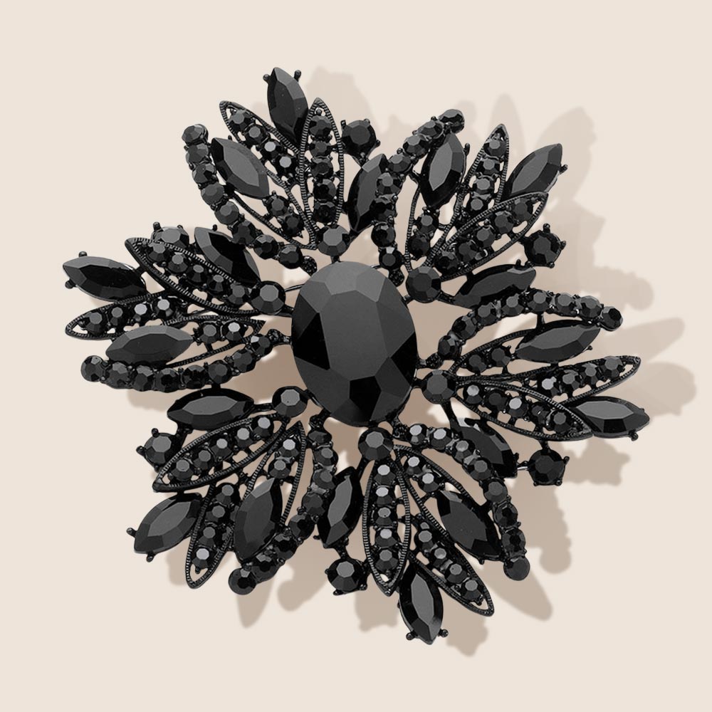 Madeline Love Jet Black Glass Crystal Flower Brooch / Pendant