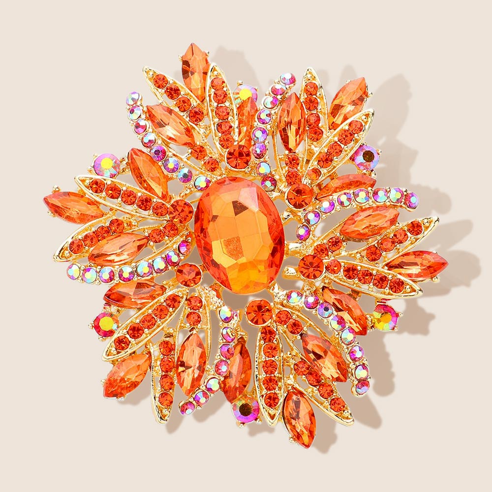 Madeline Love Orange Glass Crystal Flower Brooch Pendant - Brooches
