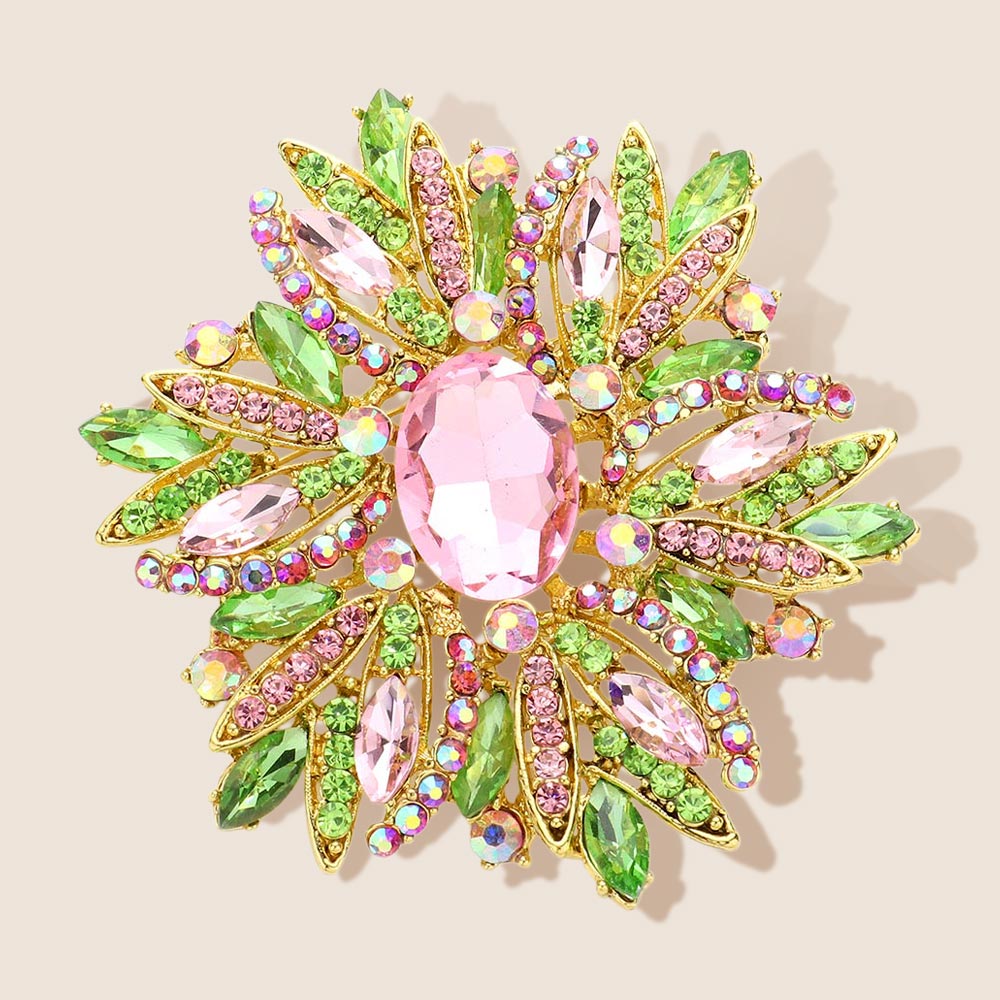 Madeline Love Pink&Green Glass Crystal Flower Brooch Pendant - Brooches