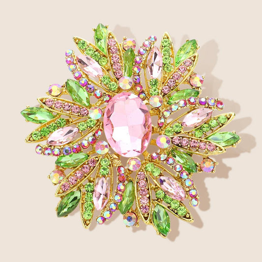 Madeline Love Pink&Green Glass Crystal Flower Brooch Pendant - Brooches